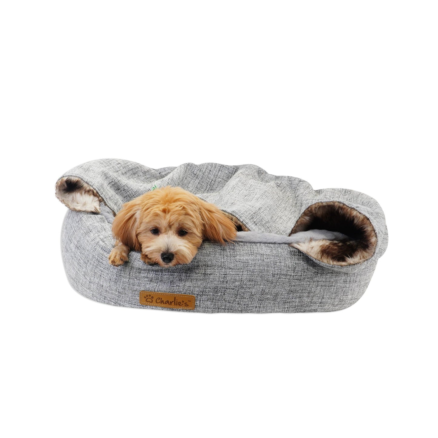 Charlie’s Faux Wolf Fur & Linen Snookie Hooded Pet Bed – Light Grey
