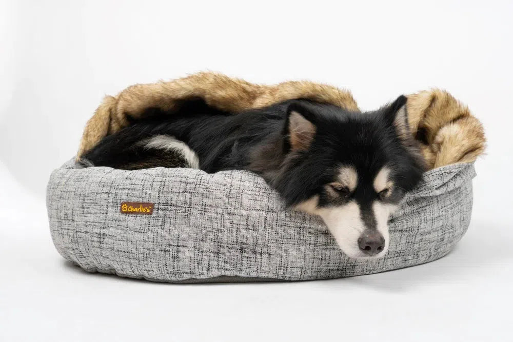 Charlie’s Faux Wolf Fur & Linen Snookie Hooded Pet Bed – Light Grey
