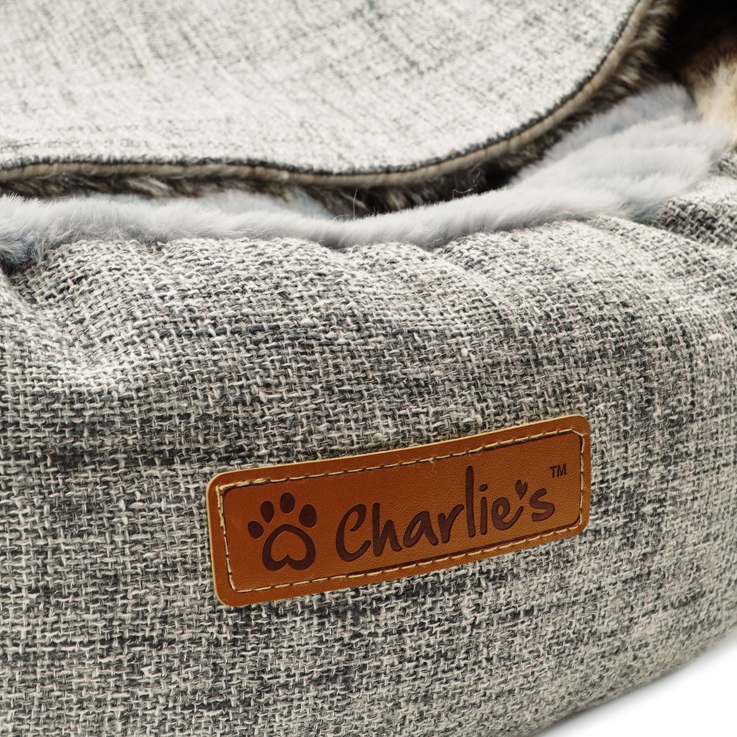 Charlie’s Faux Wolf Fur & Linen Snookie Hooded Pet Bed – Light Grey