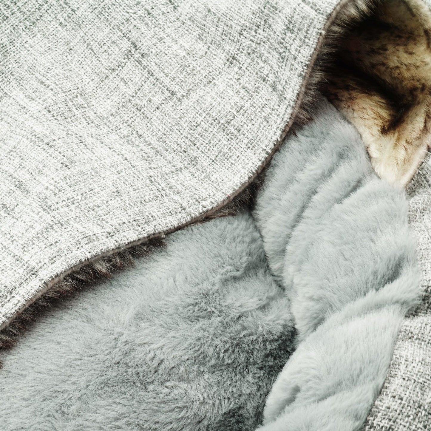 Charlie’s Faux Wolf Fur & Linen Snookie Hooded Pet Bed – Light Grey