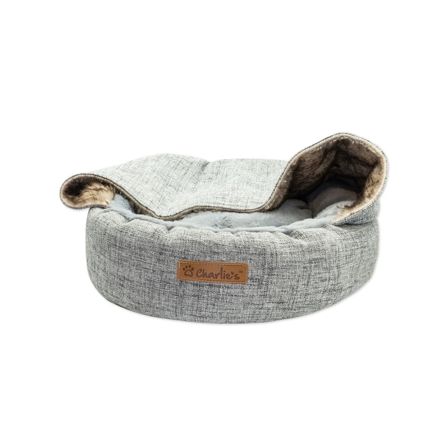 Charlie’s Faux Wolf Fur & Linen Snookie Hooded Pet Bed – Light Grey