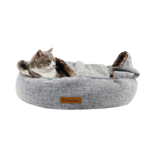 Charlie’s Faux Wolf Fur & Linen Snookie Hooded Pet Bed – Light Grey