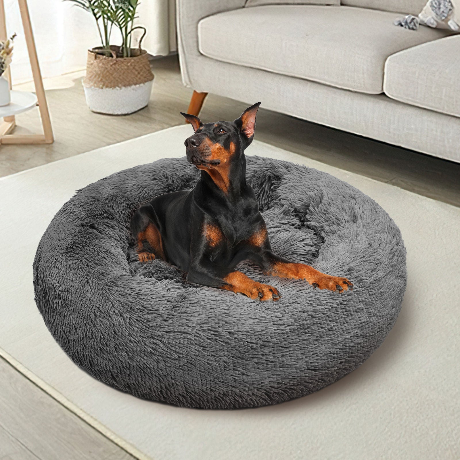 Dark Grey 90cm Calming Warm Plush Round Bed