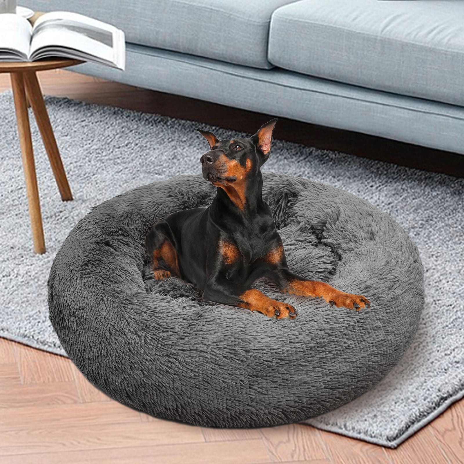Dark Grey 90cm Calming Warm Plush Round Bed