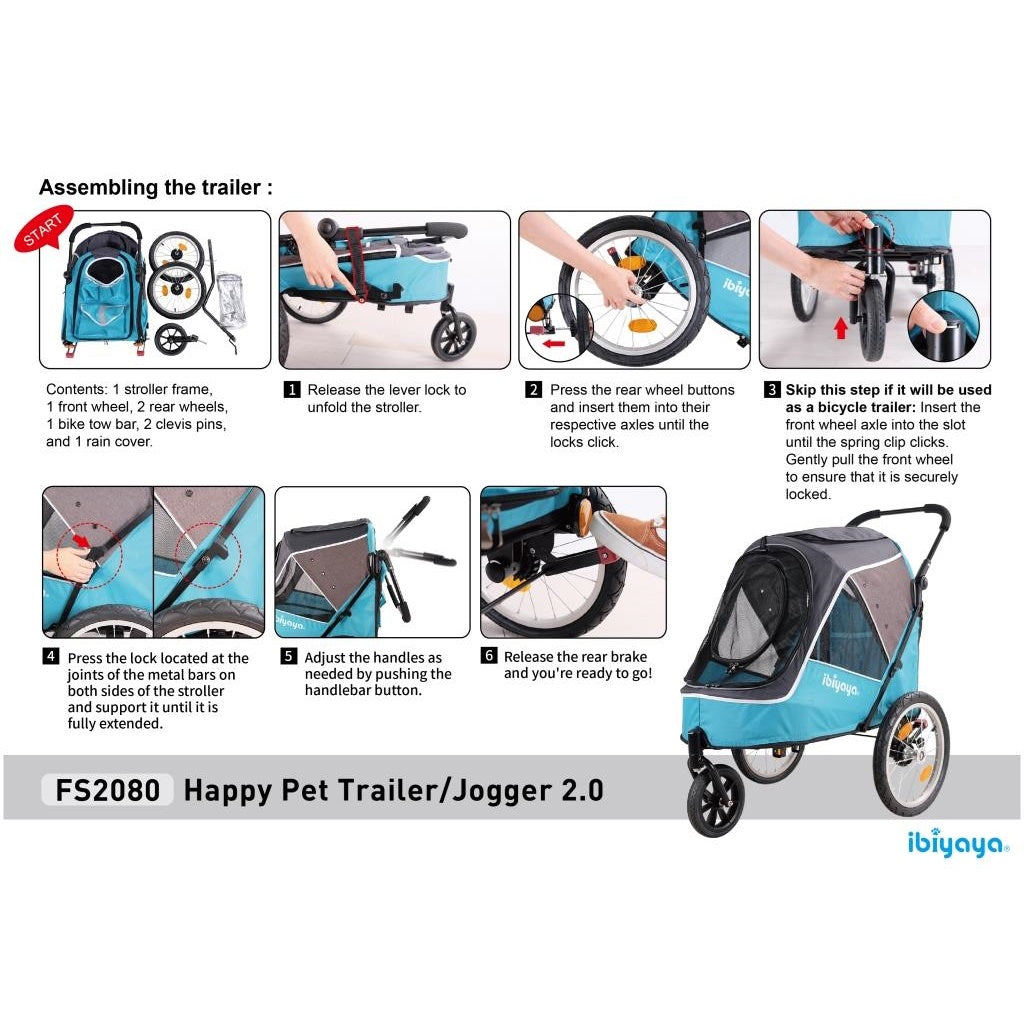 Ibiyaya Happy Pet Trailer / Jogger 2.0 (Up to 30Kg) with Bicycle Attachment - Blue