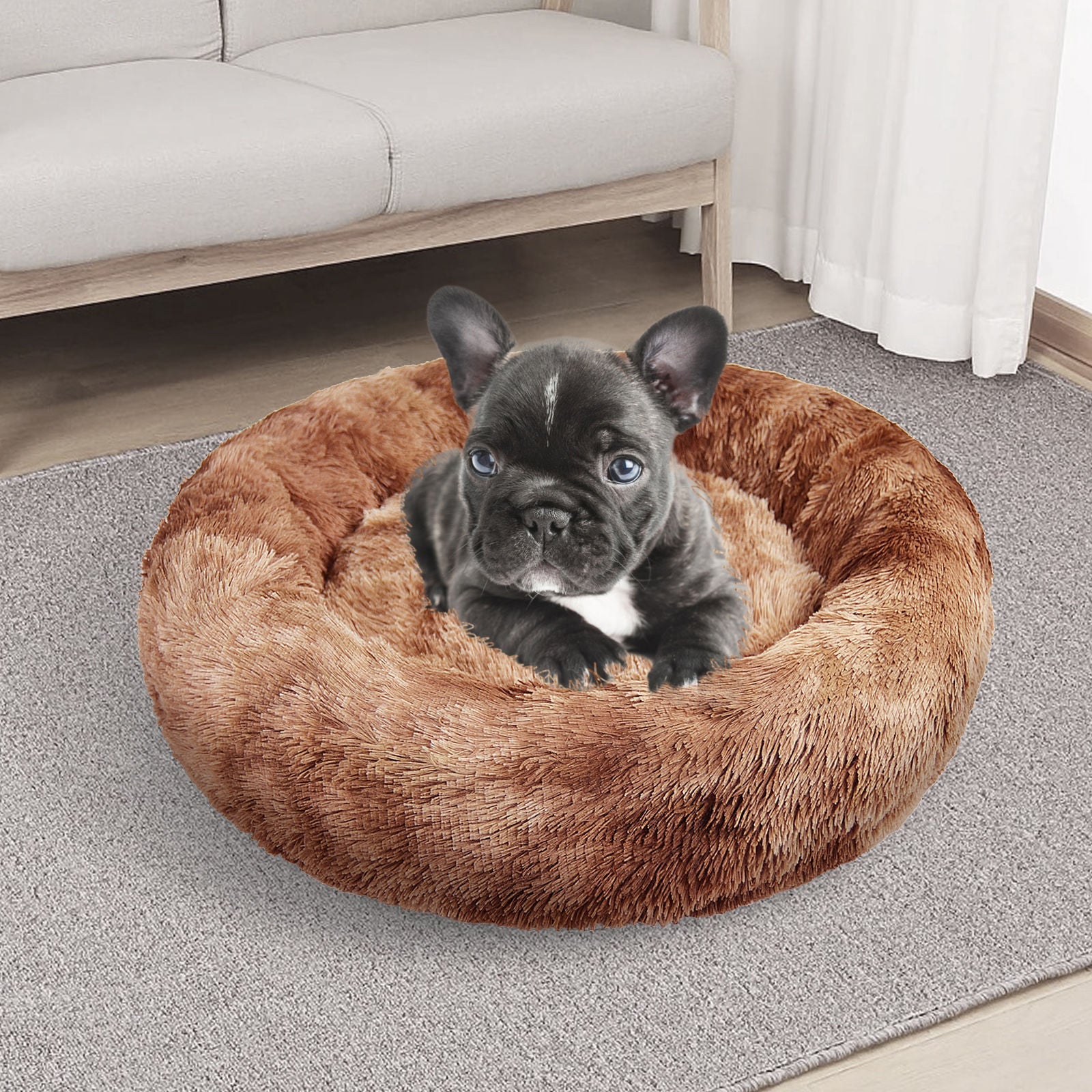 Pawfriends Pet Calming Bed Warm Soft Plush Round Brown L 100cm