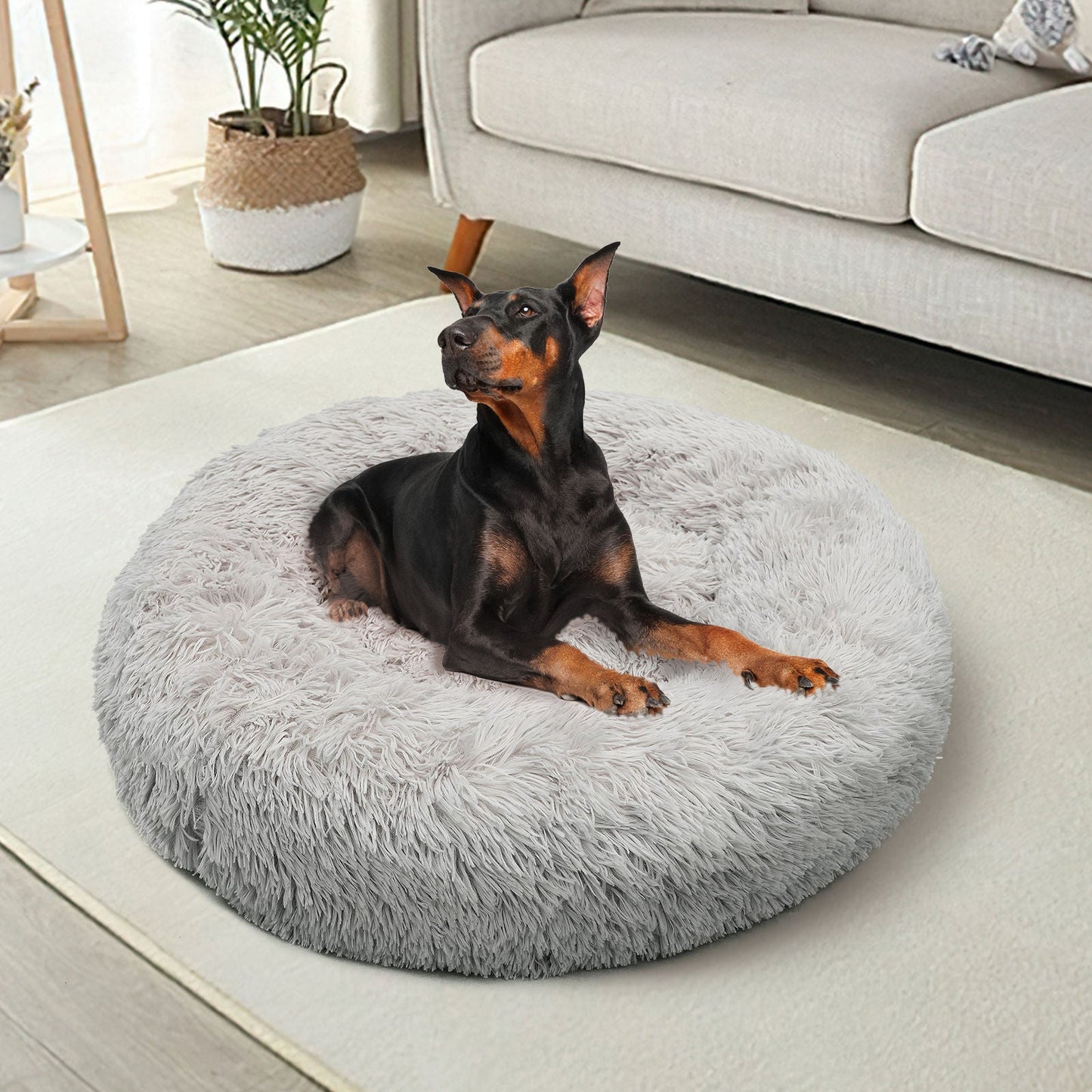 Pawfriends Pet Calming Bed Warm Soft Plush Round Light Grey L 90cm