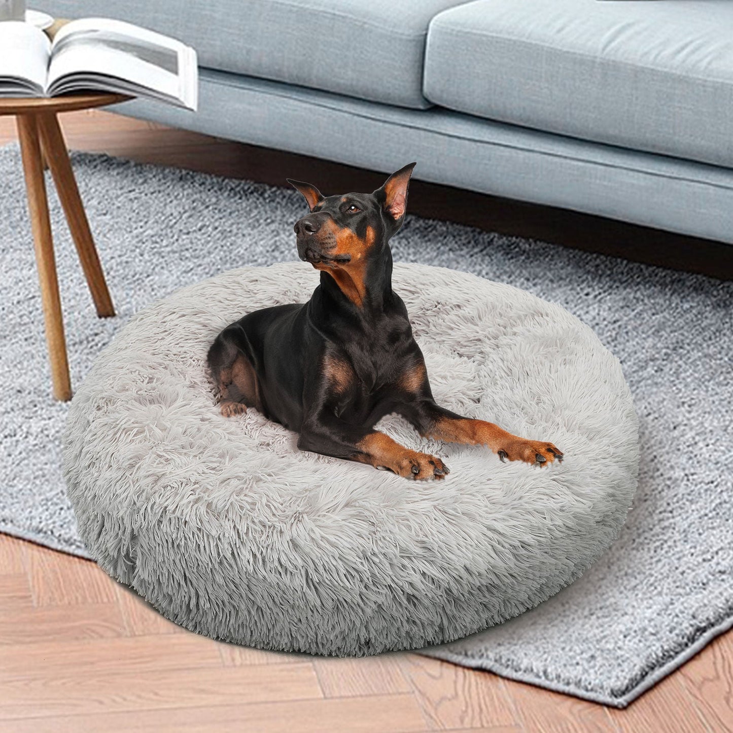 Pawfriends Pet Calming Bed Warm Soft Plush Round Light Grey L 90cm