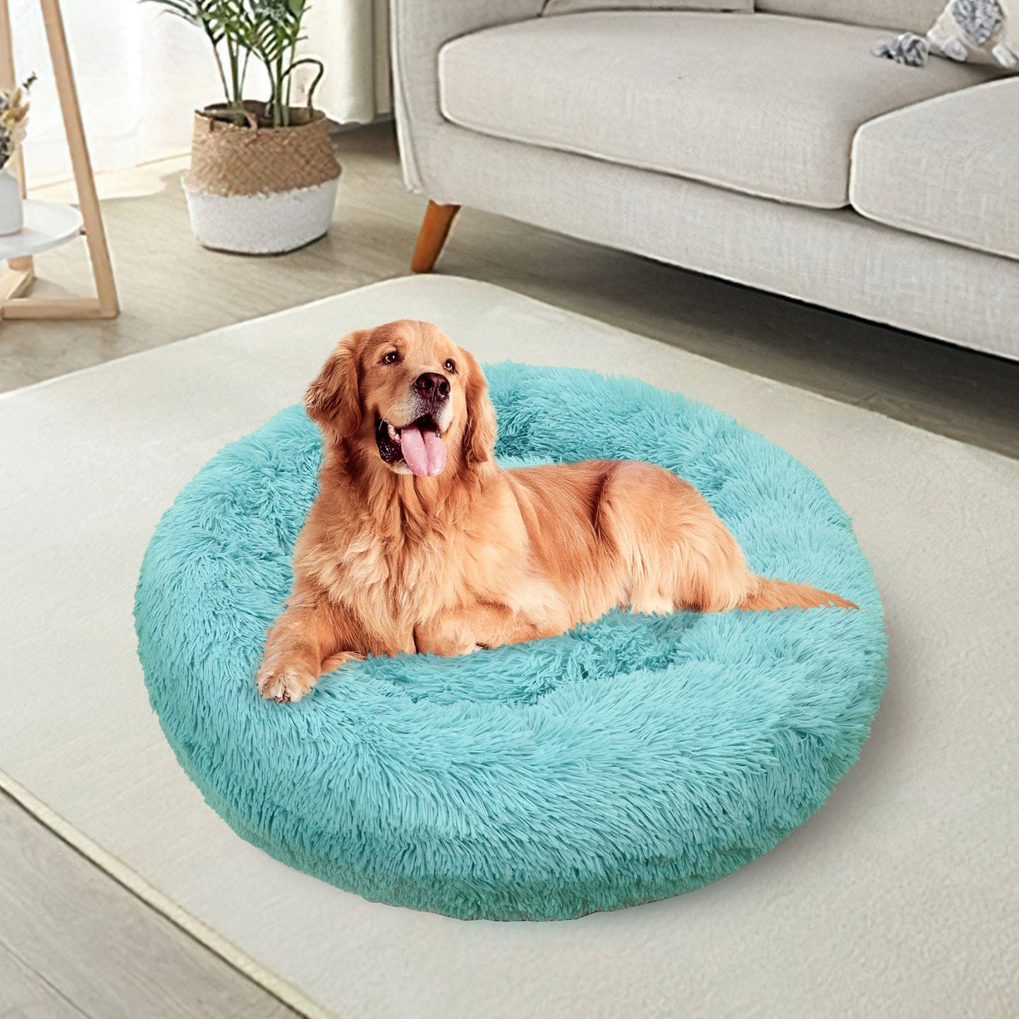 Pawfriends Pet Calming Bed Warm Soft Plush Round Teal/Green M 70cm