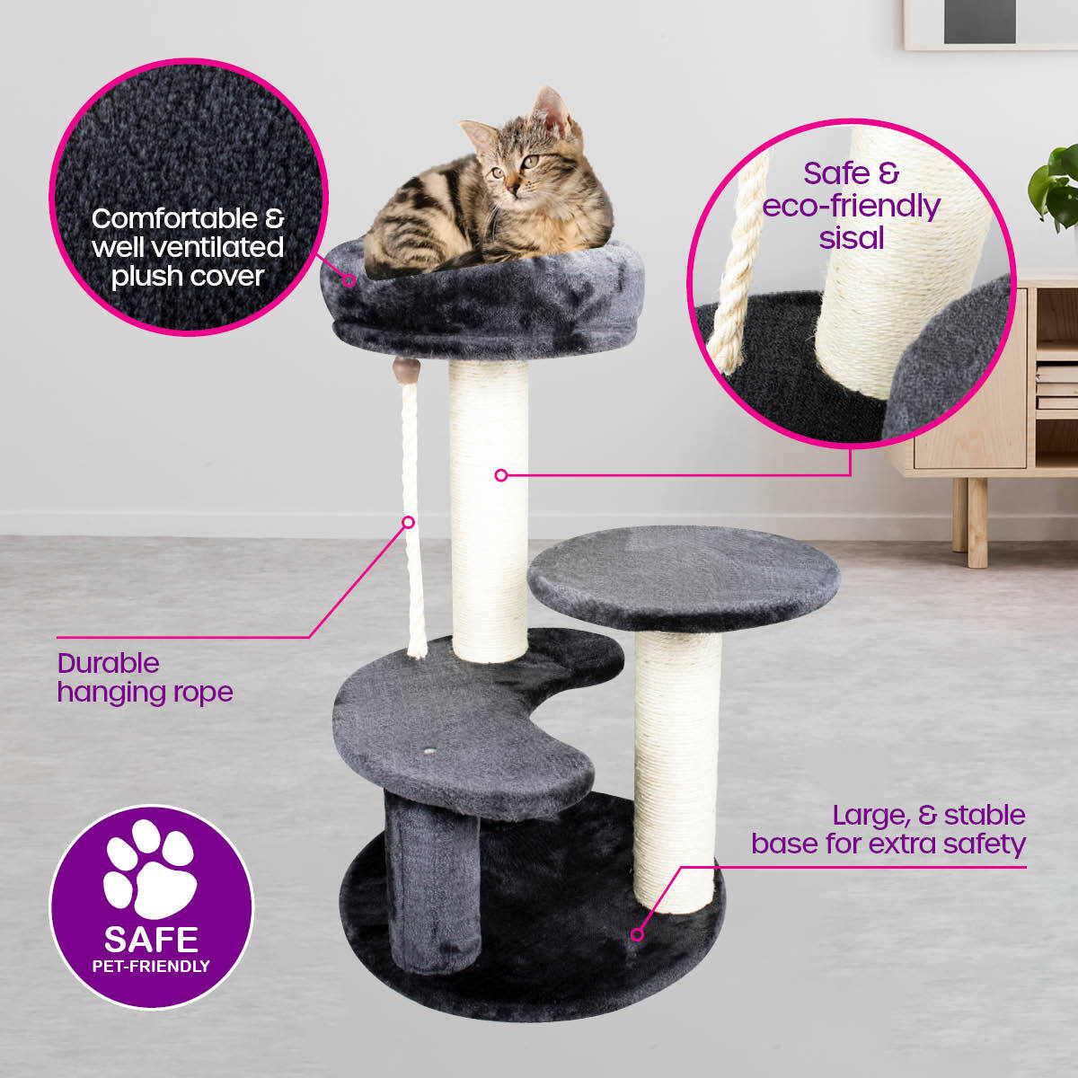 Pet Basic 3 Level Cat Scratching Tower 65 x 40cm
