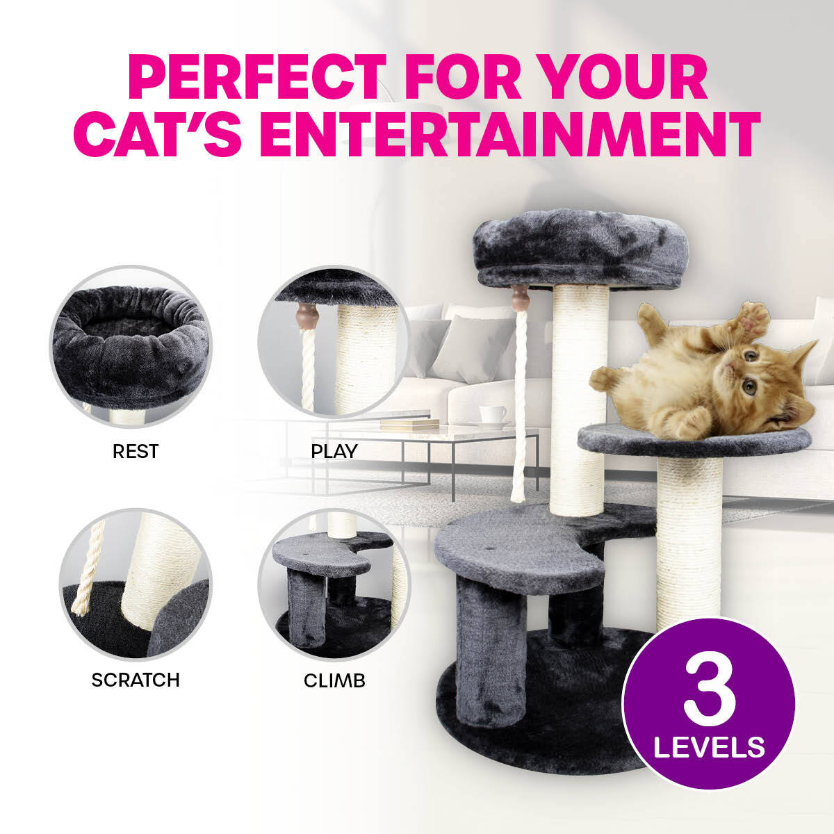 Pet Basic 3 Level Cat Scratching Tower 65 x 40cm