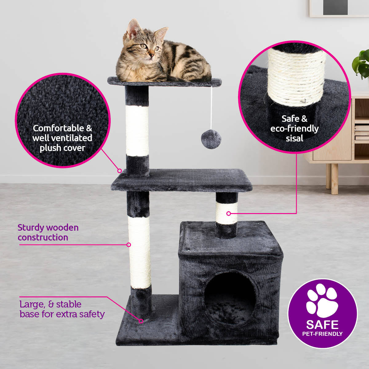 Pet Basic 3 Level Cat Scratching Tower 80 x 40 x 50cm