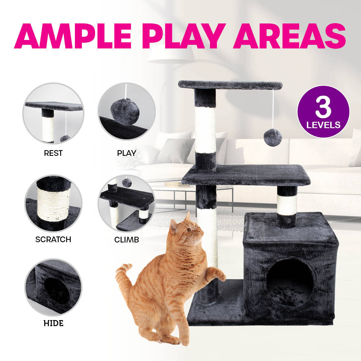 Pet Basic 3 Level Cat Scratching Tower 80 x 40 x 50cm