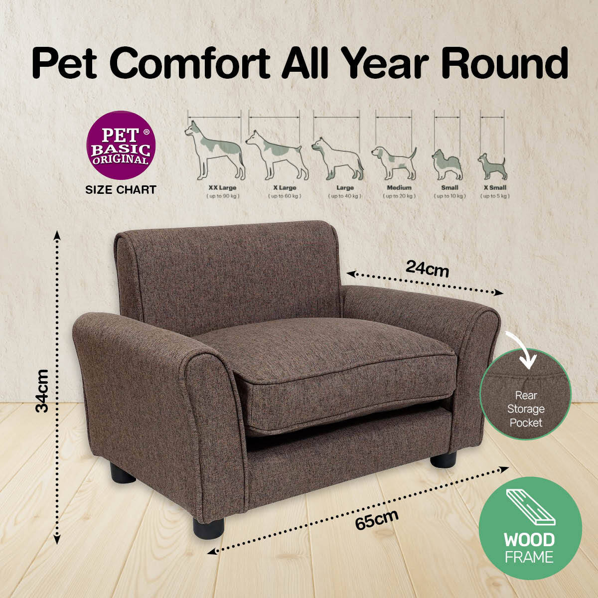 Pet Basic Chair Bed Fabric Brown 65cm
