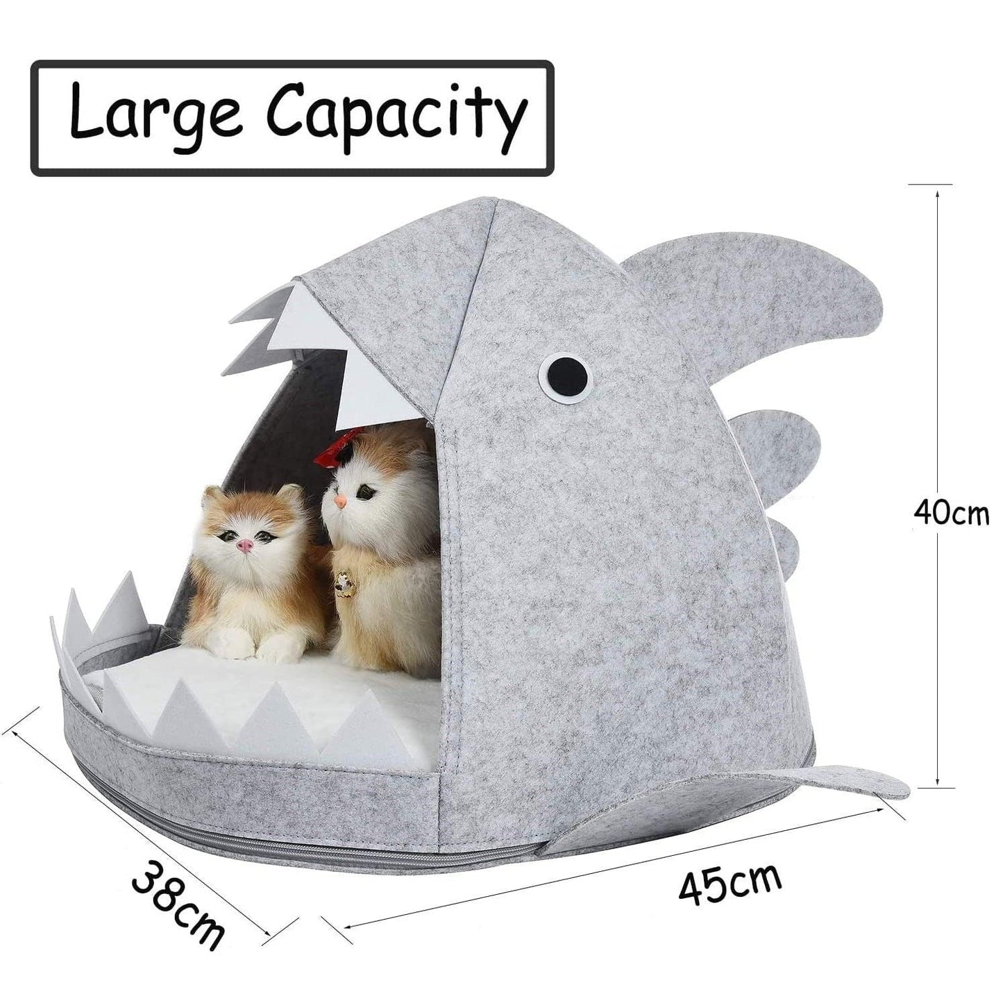 Shark Shape Pet Cave Bed for Cats and Small Dogs 45 x 45 x 38 cm (Light Grey)