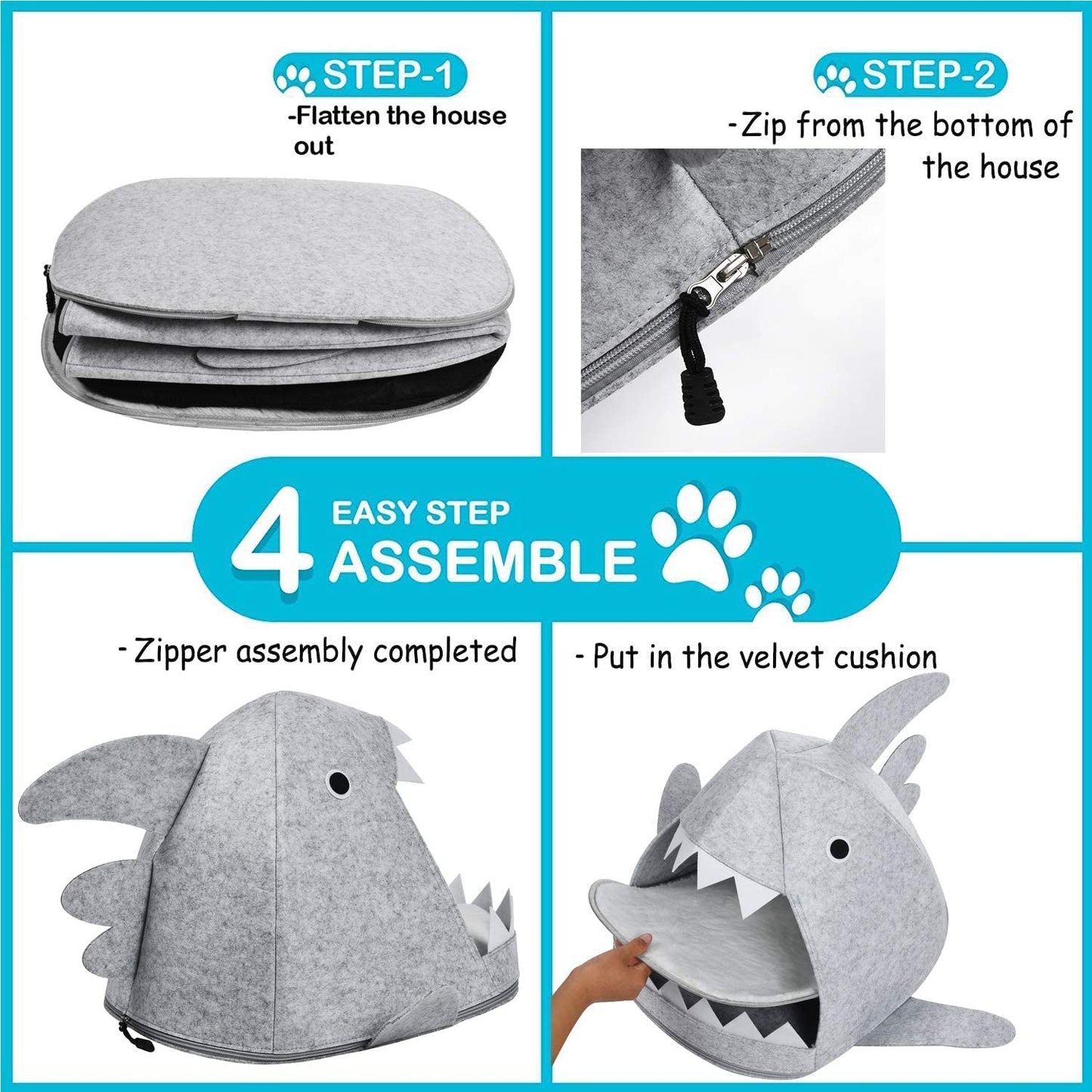 Shark Shape Pet Cave Bed for Cats and Small Dogs 45 x 45 x 38 cm (Light Grey)