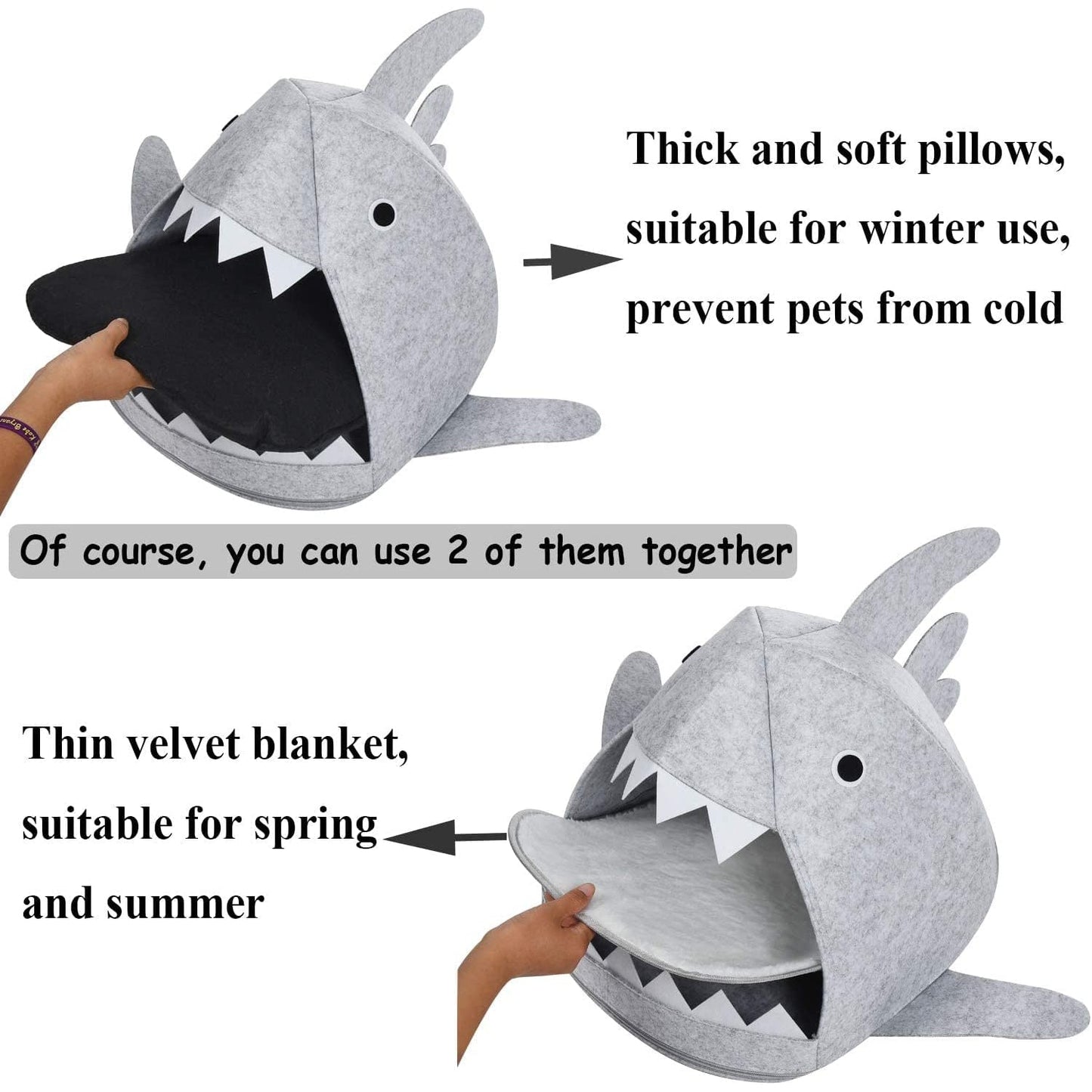 Shark Shape Pet Cave Bed for Cats and Small Dogs 45 x 45 x 38 cm (Light Grey)