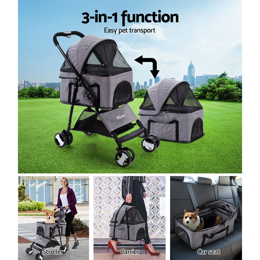 i.Pet 3 IN 1 Pet Stroller Foldable Middle Size Grey