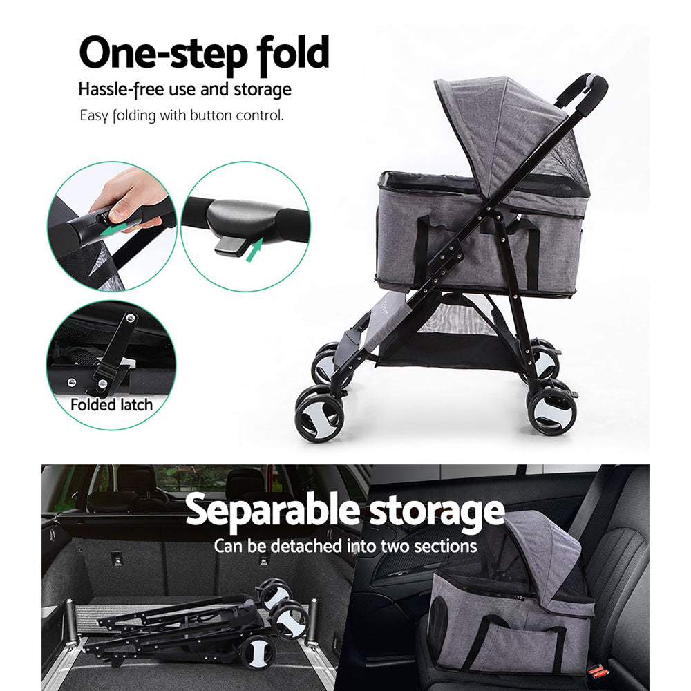 i.Pet 3 IN 1 Pet Stroller Foldable Middle Size Grey