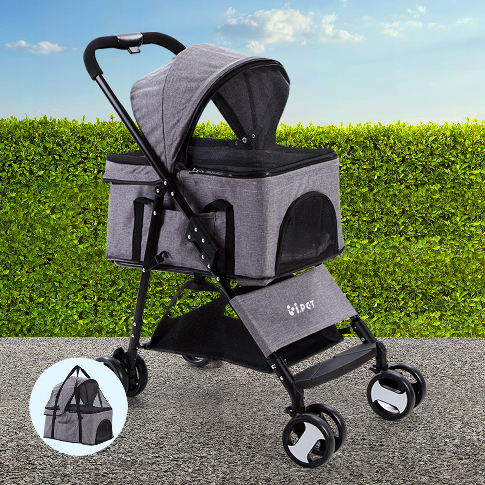 i.Pet 3 IN 1 Pet Stroller Foldable Middle Size Grey