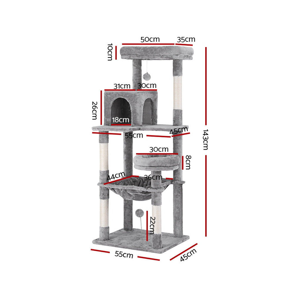 i.Pet Cat Scratcher Tower With House & Toys 143cm Grey