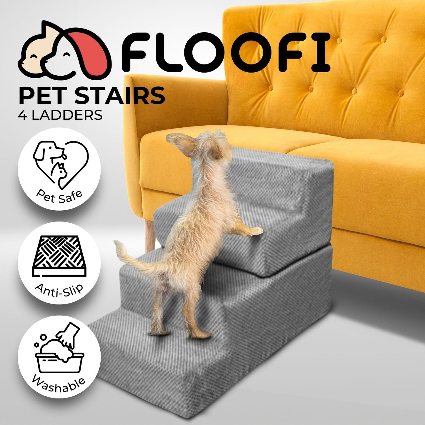 FLOOFI Pet Stairs Memory Foam 4-Step Grey