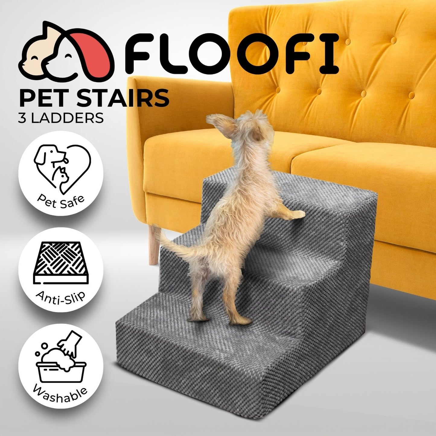 FLOOFI Pet Stairs Memory Foam 3-Step Grey