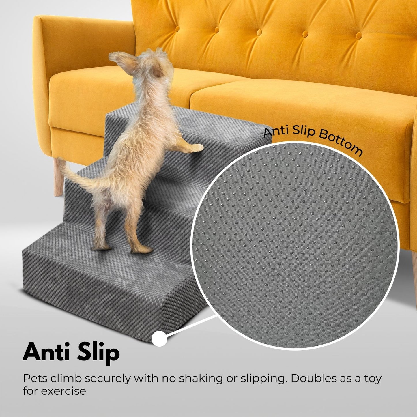 FLOOFI Pet Stairs Memory Foam 3-Step Grey