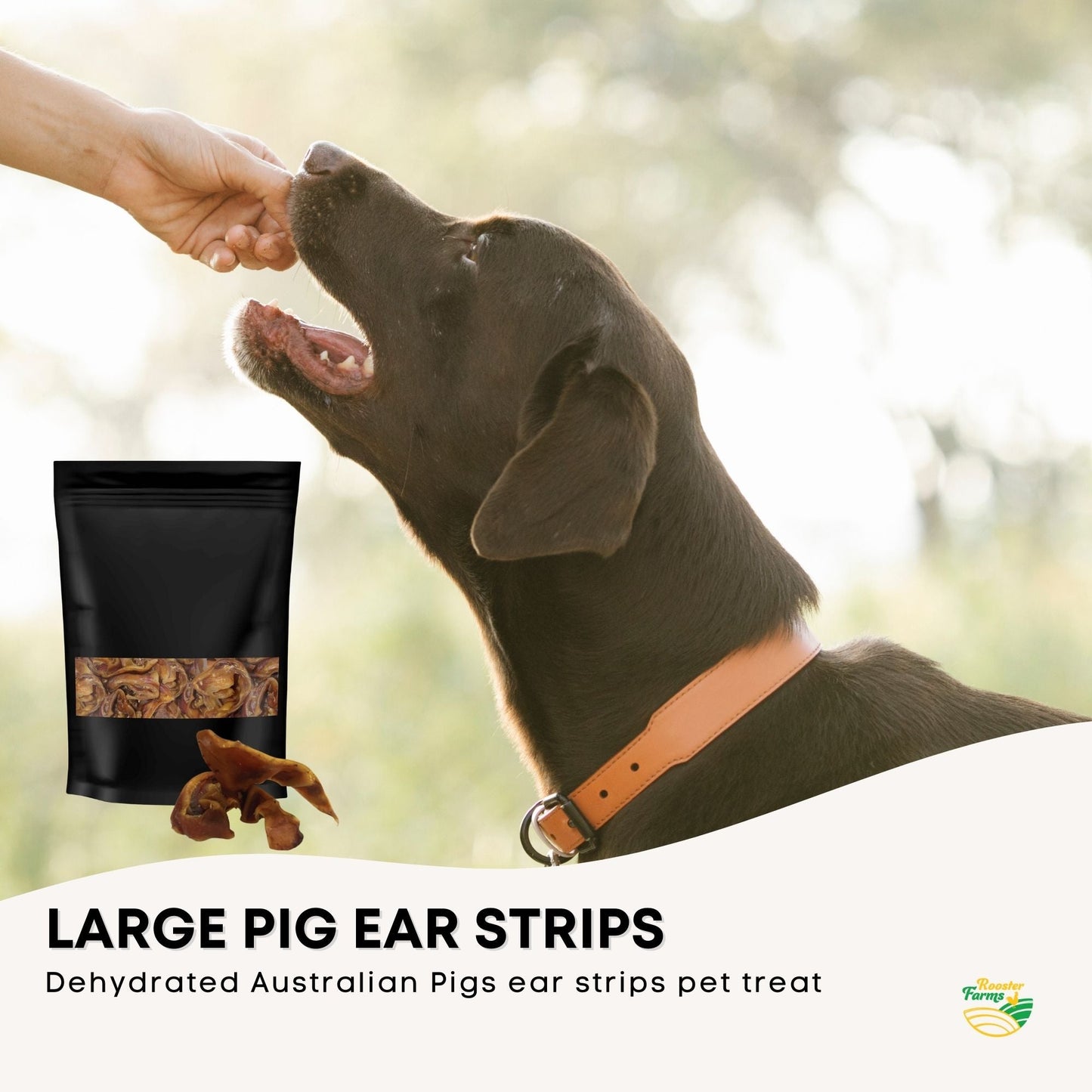 Rooster Farms Dog Treat Dehydrated Australian Pig Ear Strips - 400g