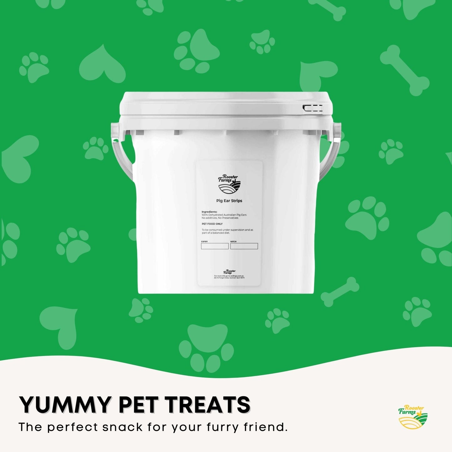 Rooster Farms Dog Treat Dehydrated Australian Pig Ear Strips Bucket - 1Kg
