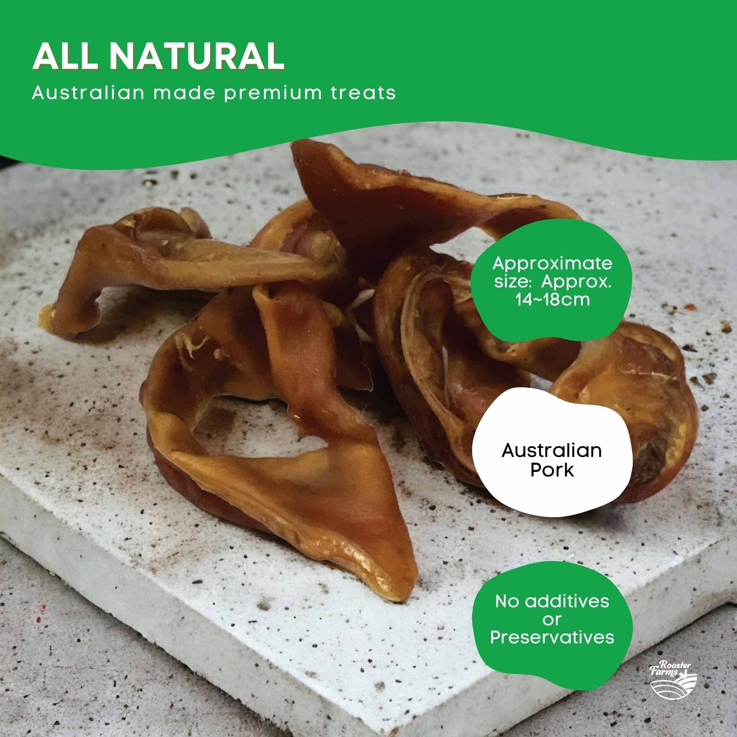 Rooster Farms Dog Treat Dehydrated Australian Pig Ear Strips Bucket - 1Kg