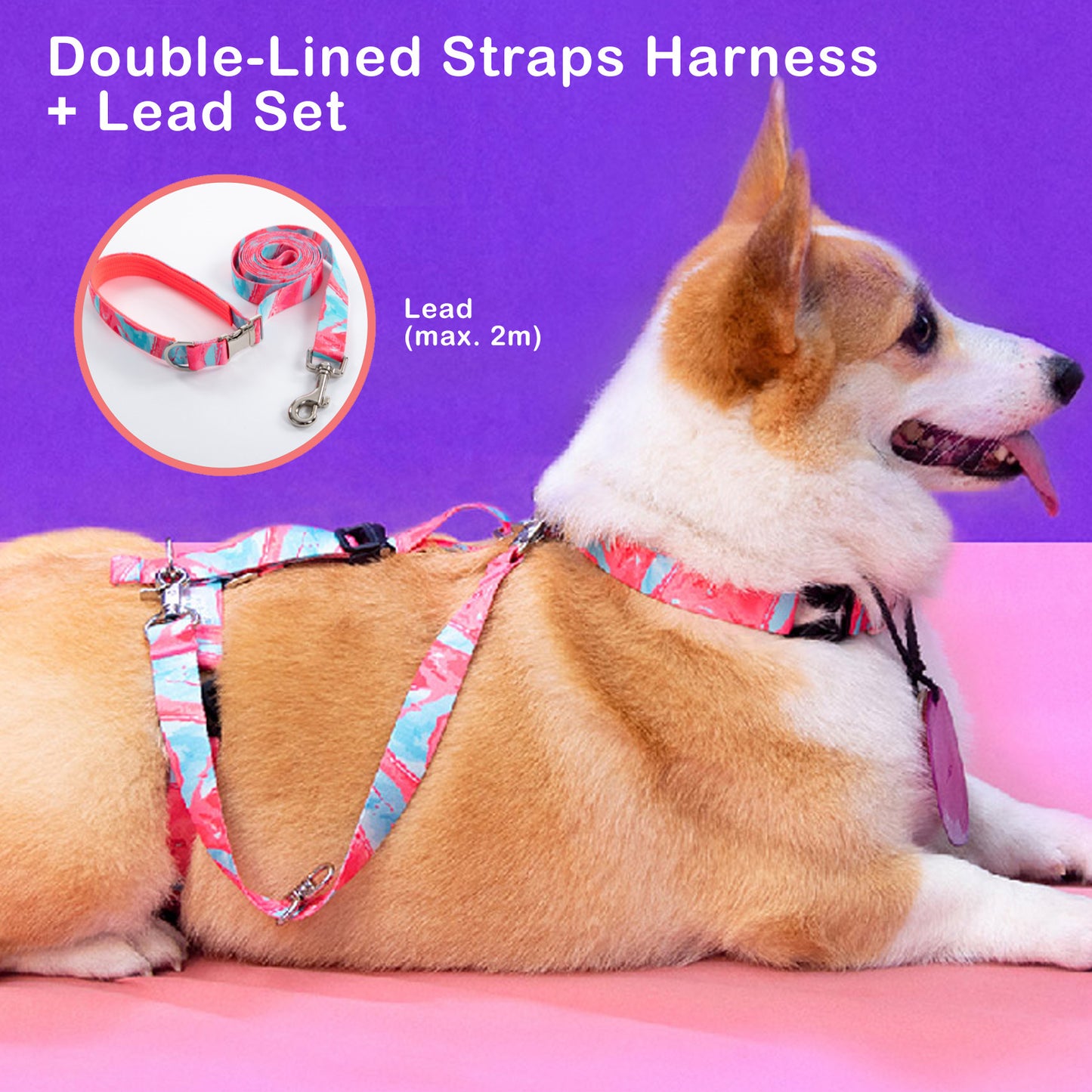 Banhamsisun Dog Double-Lined Straps No Pull Harness and Lead Set MARBLE PINK - Large