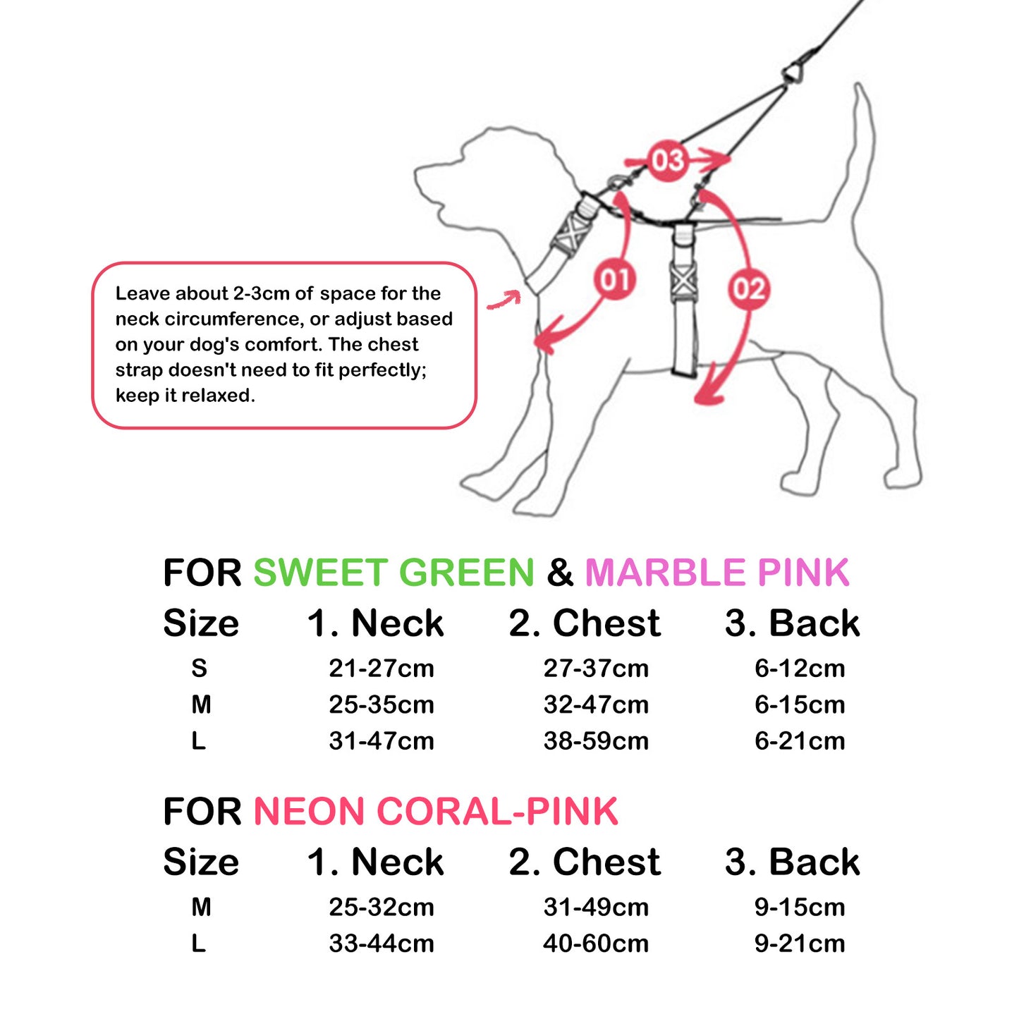 Banhamsisun Dog Double-Lined Straps No Pull Harness and Lead Set NEON CAROL-PINK - Large