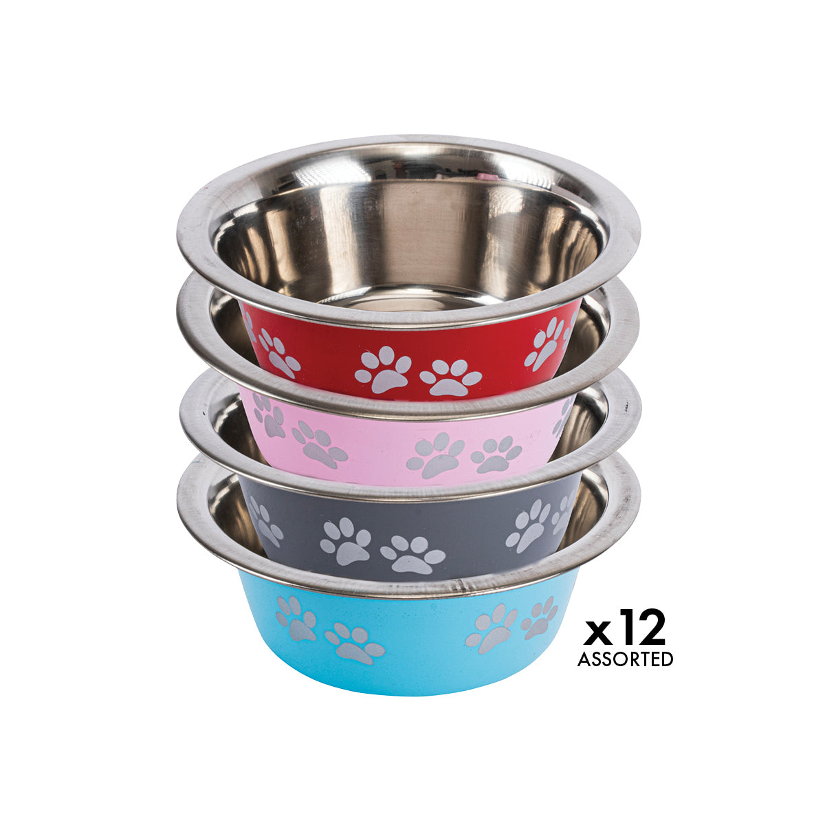 Pet Basic Colored Stainless Steel Pet Bowl 20cm With Paw Prints 1500ml - 12PC