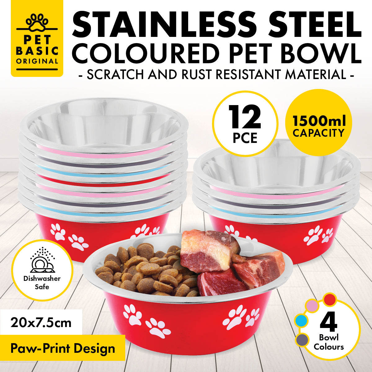 Pet Basic Colored Stainless Steel Pet Bowl 20cm With Paw Prints 1500ml - 12PC