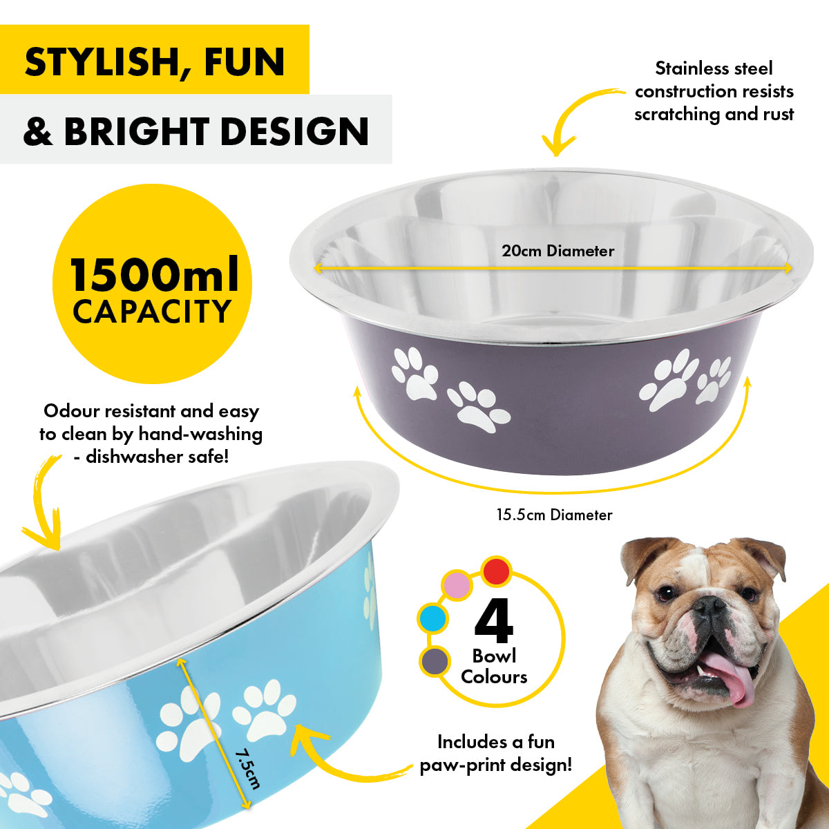 Pet Basic Colored Stainless Steel Pet Bowl 20cm With Paw Prints 1500ml - 12PC
