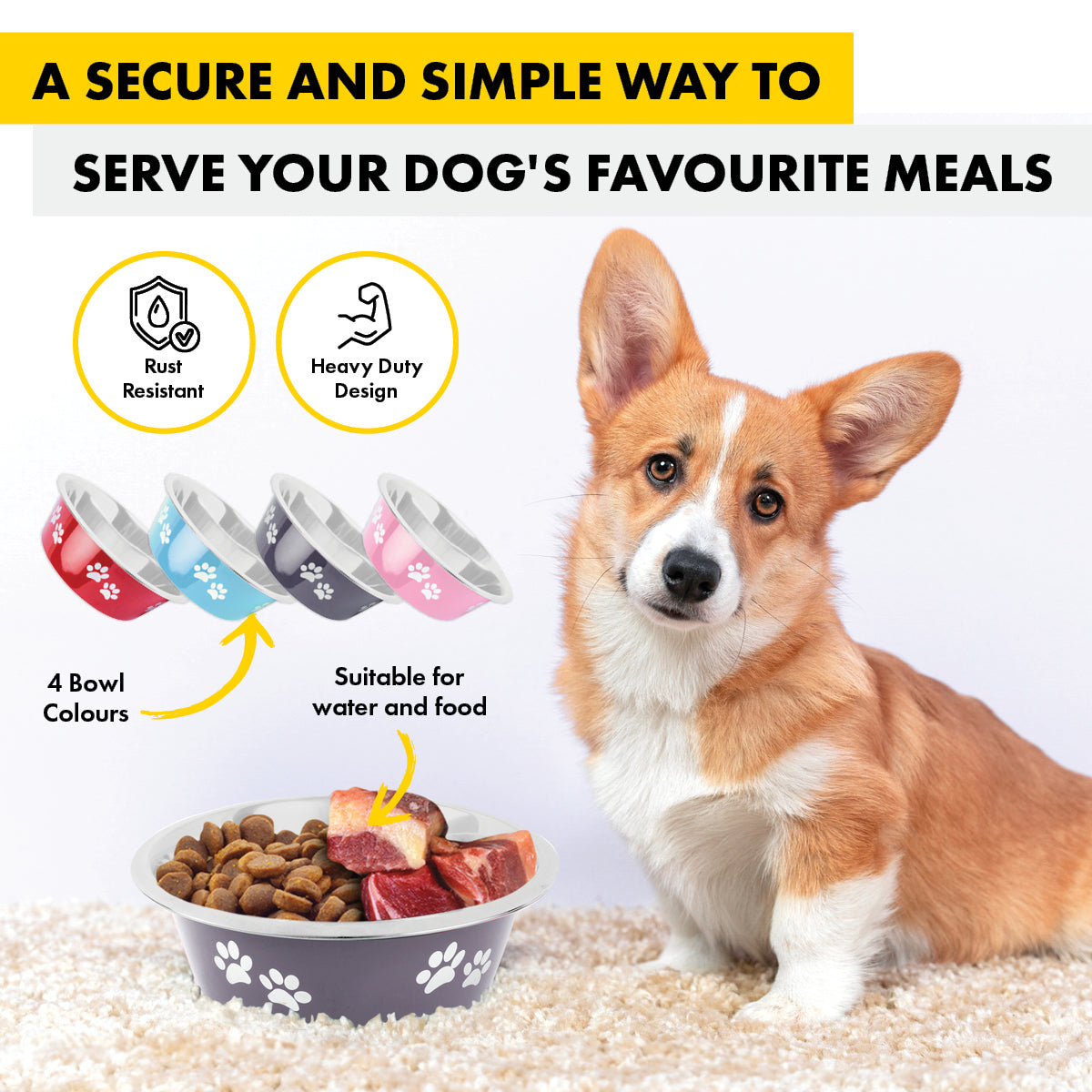 Pet Basic Colored Stainless Steel Pet Bowl 20cm With Paw Prints 1500ml - 12PC