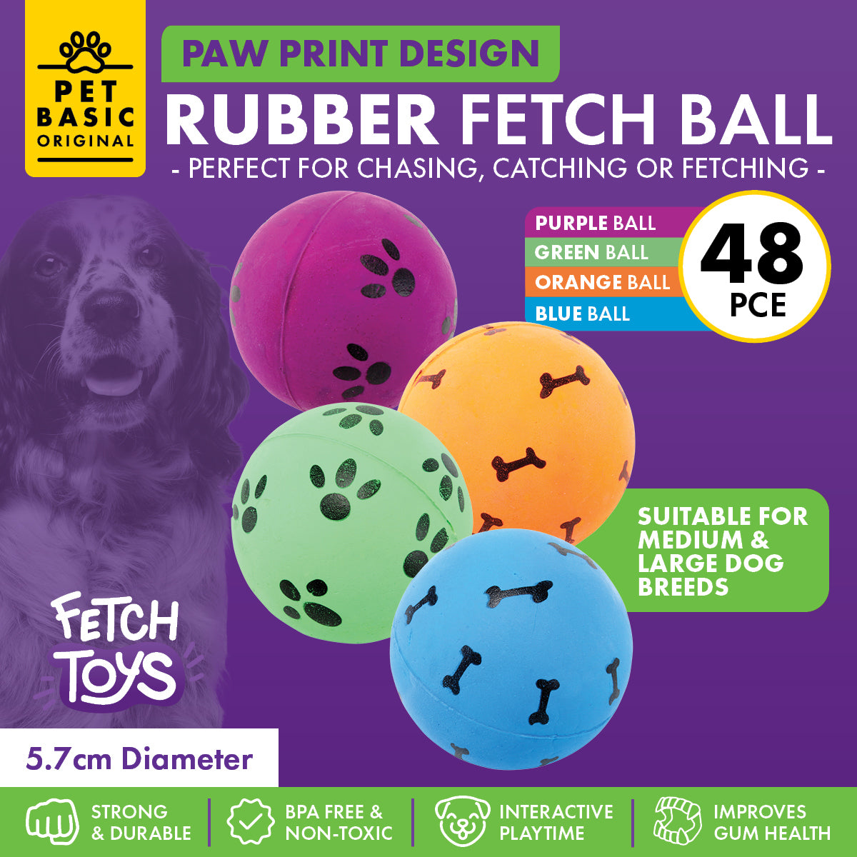 Pet Basic Rubber Fetch Balls Durable Paw & Bone Printed 5.7cm - 48PC