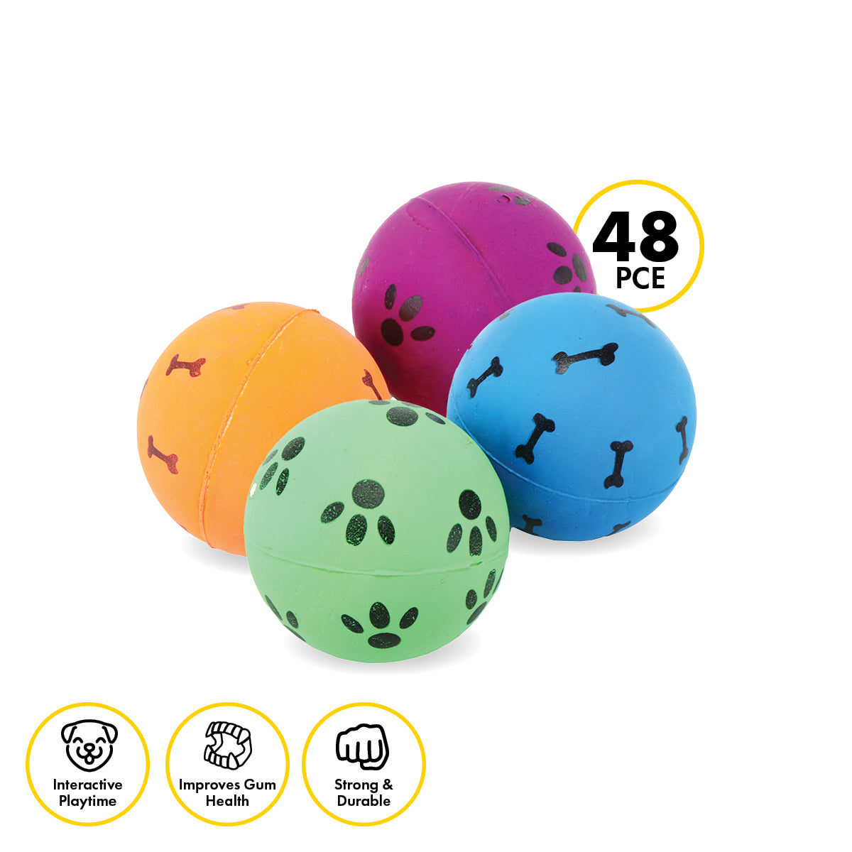 Pet Basic Rubber Fetch Balls Durable Paw & Bone Printed 5.7cm - 48PC