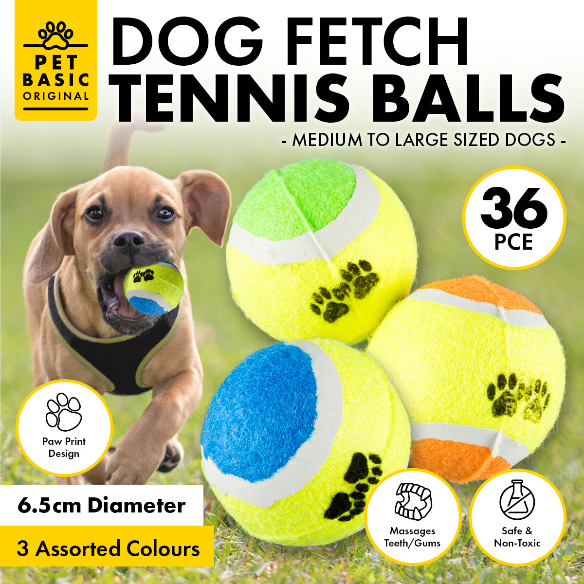 Pet Basic Tennis Fetch Balls Paw Print Non Abrasive Felt 6.5cm - 36PC