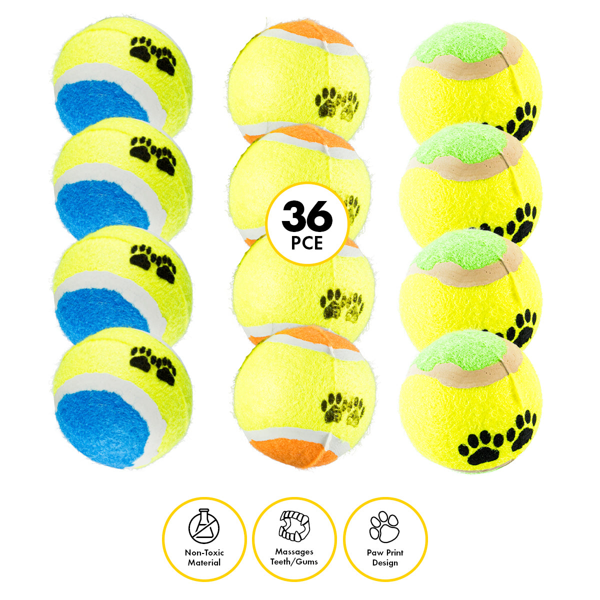Pet Basic Tennis Fetch Balls Paw Print Non Abrasive Felt 6.5cm - 36PC