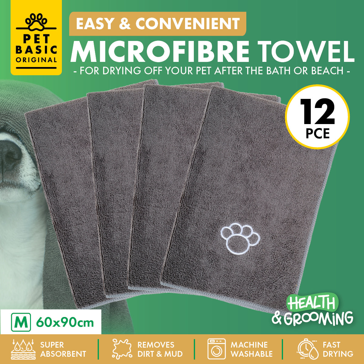 Pet Basic Microfibre Pet Towels Super Absorbent 60 x 90cm - 12PC