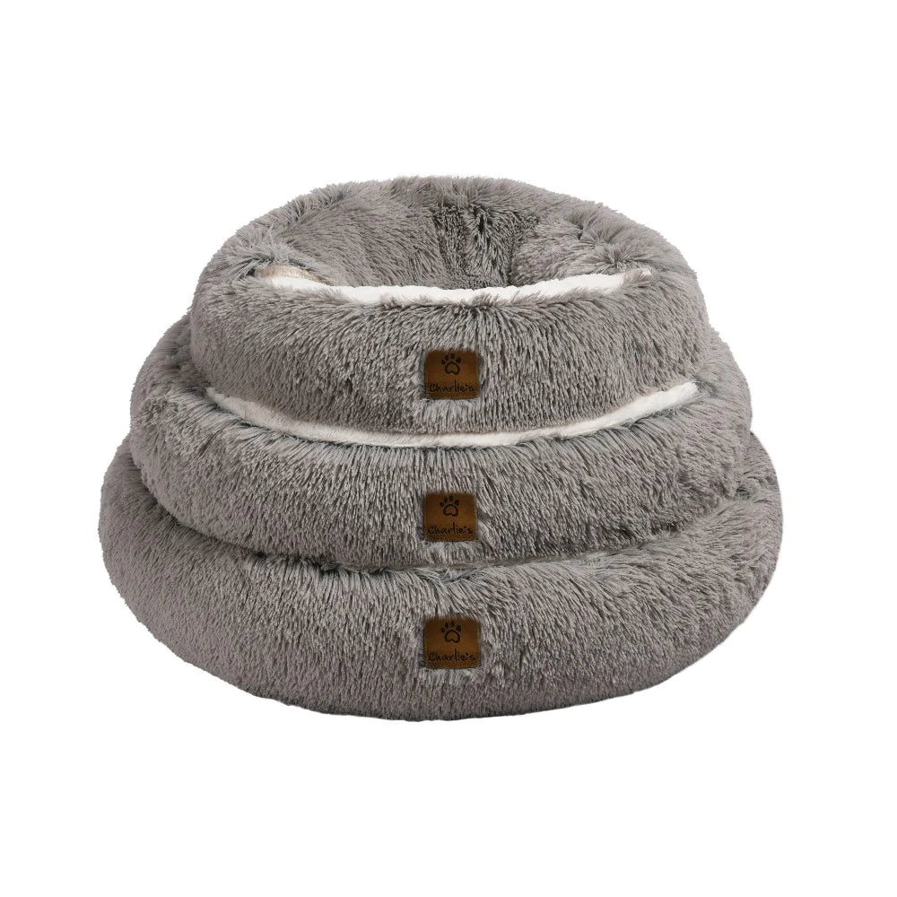 Charlie’s Faux Fur Snookie Hooded Pet Bed – Grey