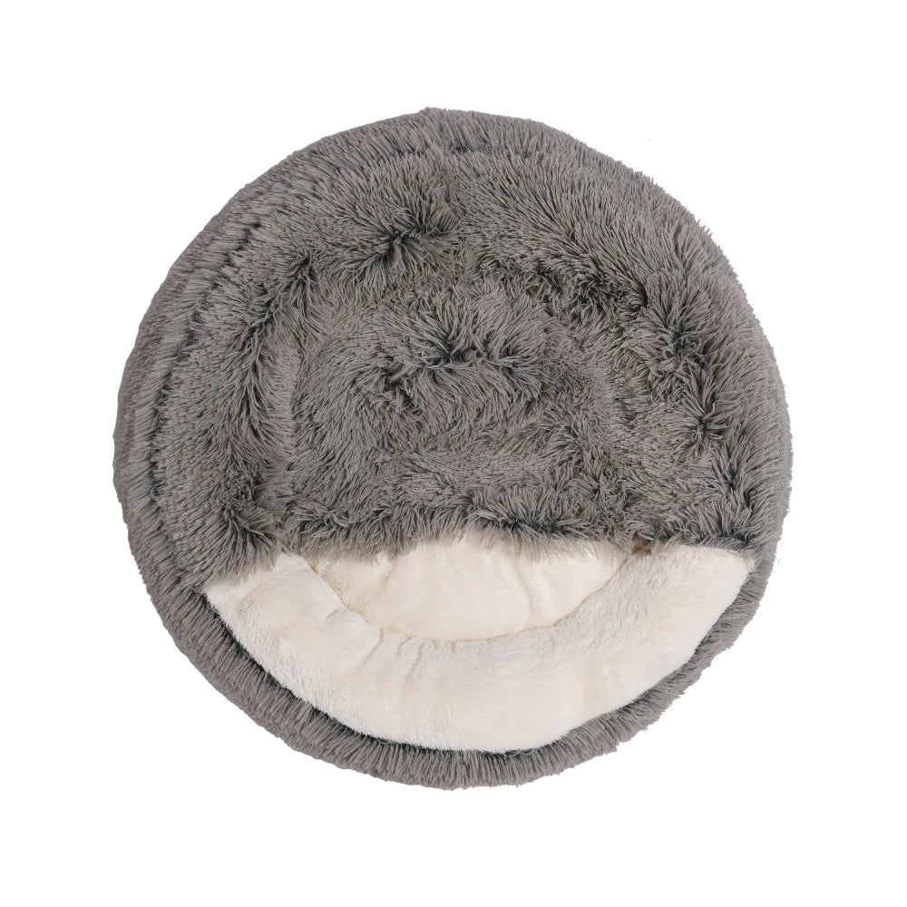 Charlie’s Faux Fur Snookie Hooded Pet Bed – Grey