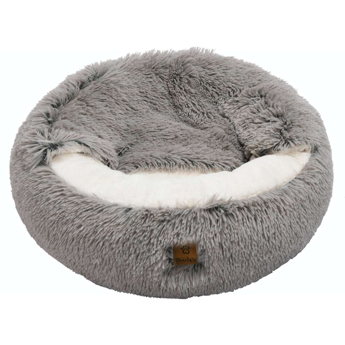 Charlie’s Faux Fur Snookie Hooded Pet Bed – Grey