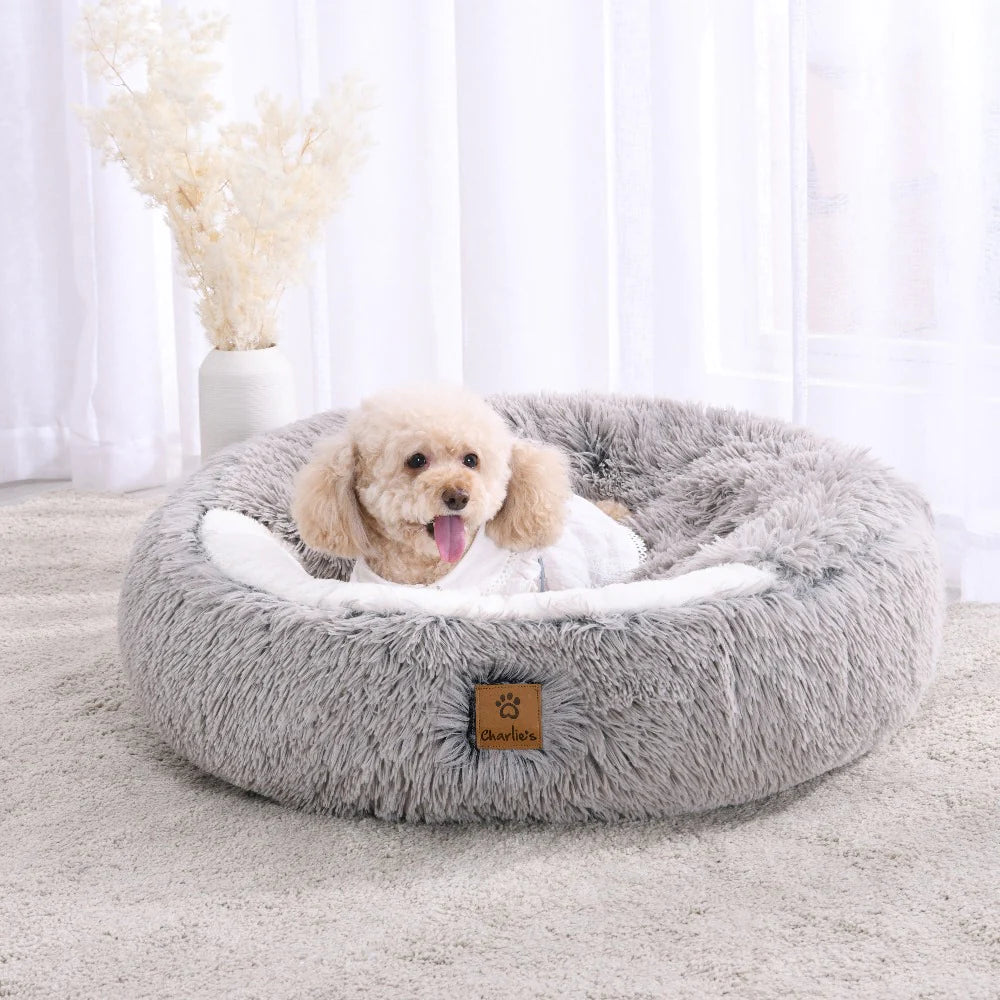 Charlie’s Faux Fur Snookie Hooded Pet Bed – Grey