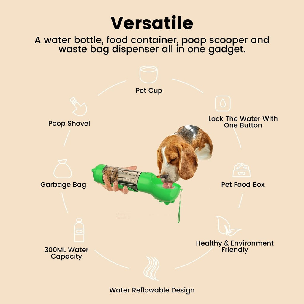 Floofi 4 in 1 Dog water bottle scooper & feeder Green