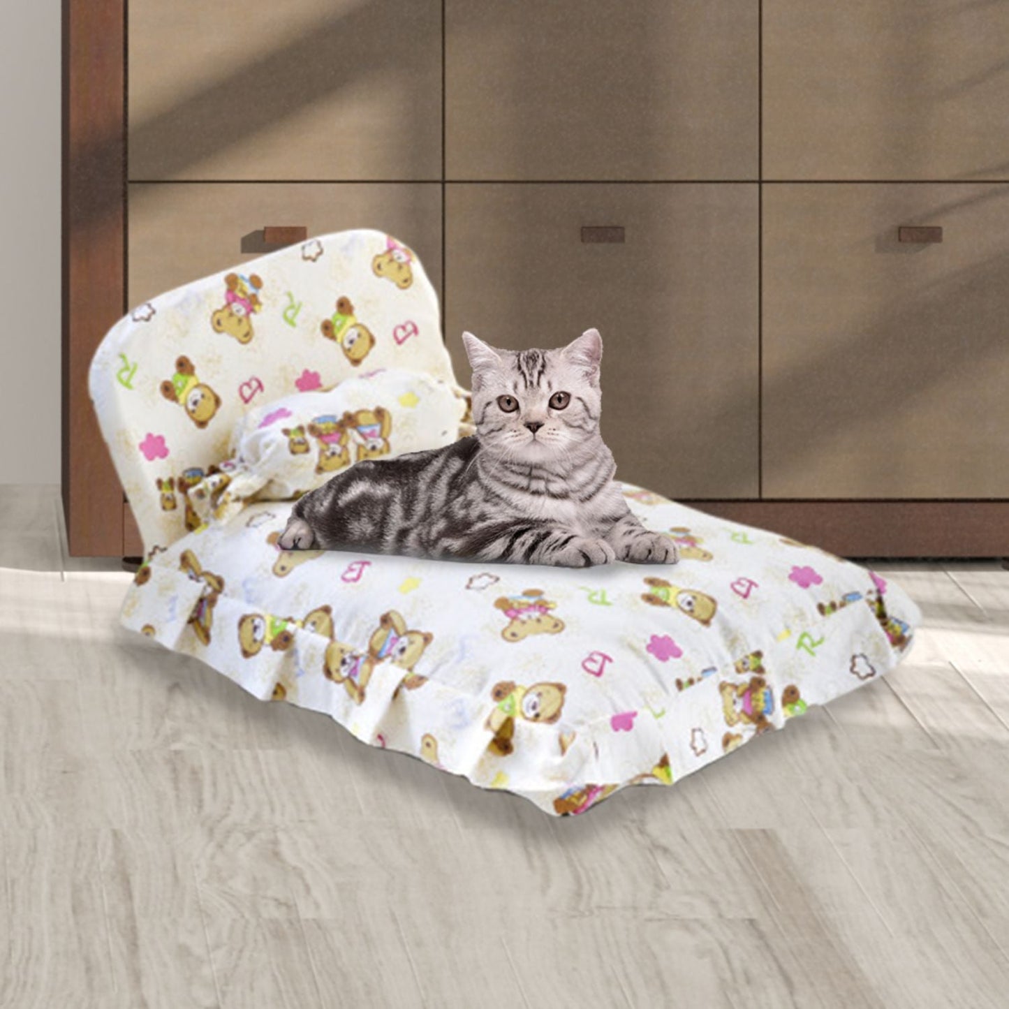 Floofi Pet Bed With Pillow and Quilt - Bear - M