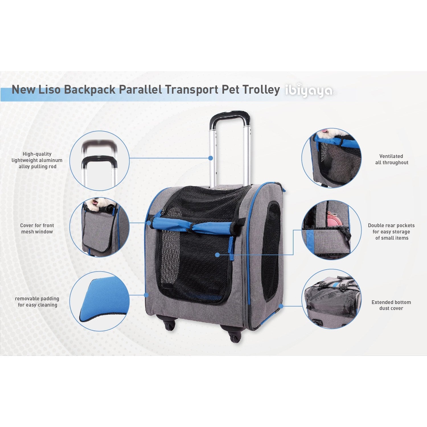 Ibiyaya New Liso Backpack Parallel Transport Pet Trolley (Up to 10Kg) - Slate/Sapphire