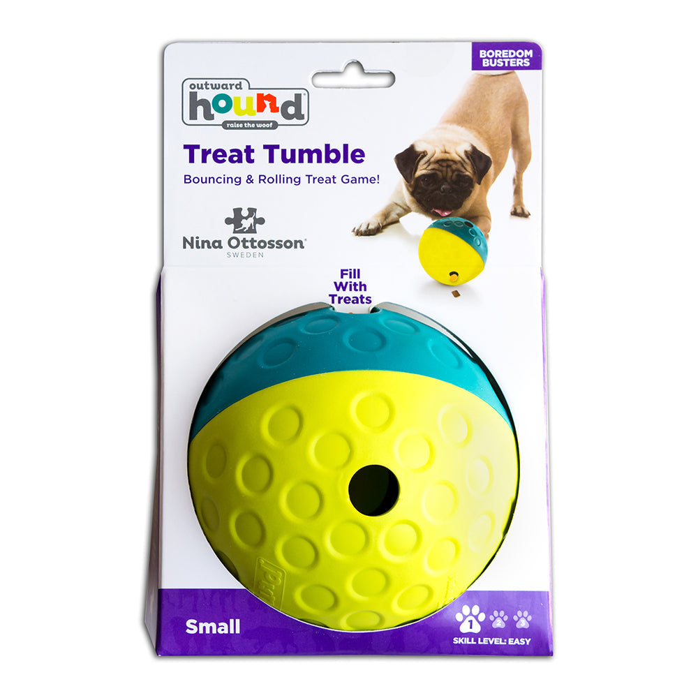 Nina Ottosson Treat Tumble Ball for Cats & Dogs - Small (Blue/Yellow) - Level 1